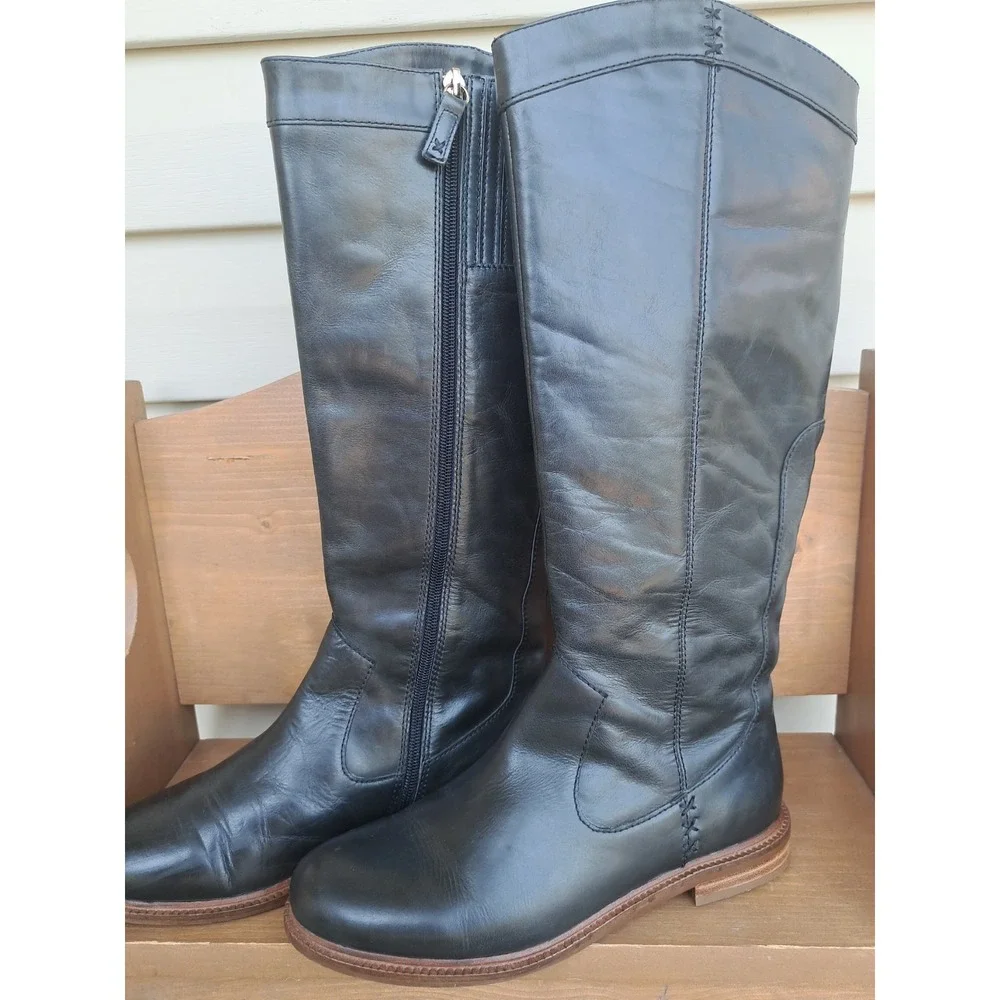 Kelsi Dagger Brooklyn Women's Black Leather Knee High Riding Boots 9 Zipper Flat
